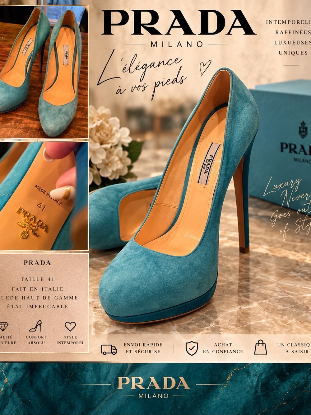 Prada Teal Suede Platform Stiletto Pumps